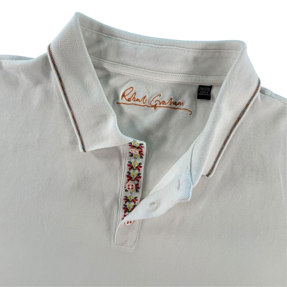 Robert Graham Mens White Cotton Polo Floral Placket 2XL Knowledge Wisdom Truth